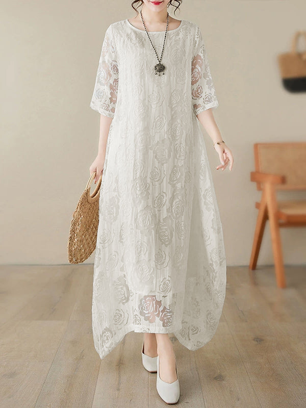 Half Sleeves Loose Gauze See-Through Solid Color Round-Neck Maxi Dresses