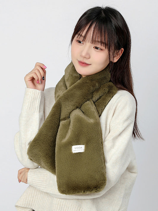 Casual Faux Fur Keep Warm Solid Color Cross Plush Shawl&Scarf