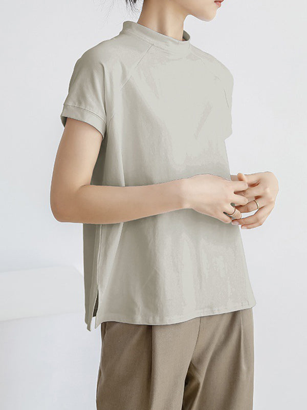 Casual Short Sleeves Loose Solid Color Stand Collar T-Shirts Tops