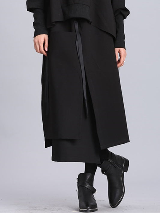 Raised Bands Split-Joint Asymmetric Black Empire Skirt