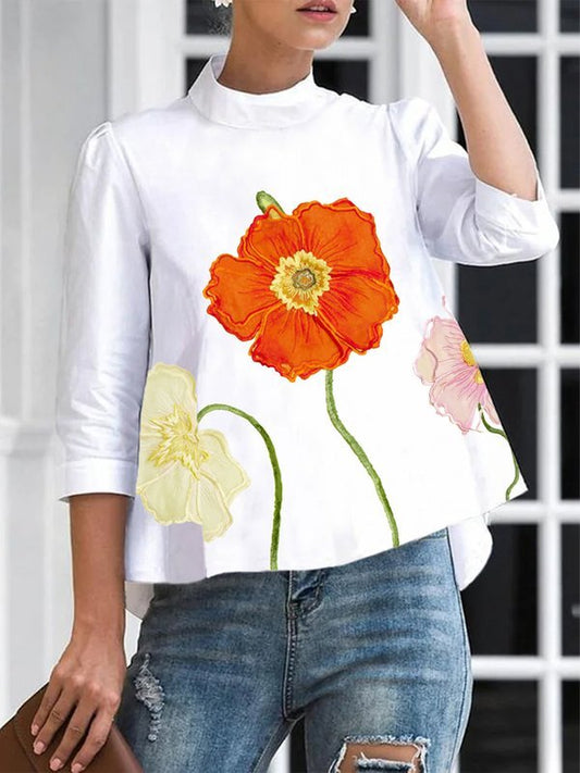 High-low Loose Flower Print Split-Joint Stand Collar T-Shirts Tops