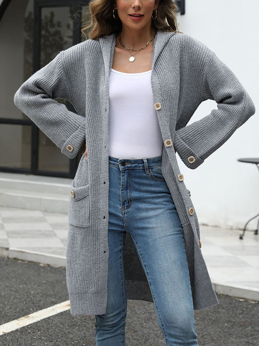 Hooded Long Sleeves Buttoned Pockets Split-Joint V-Neck Cardigan Tops