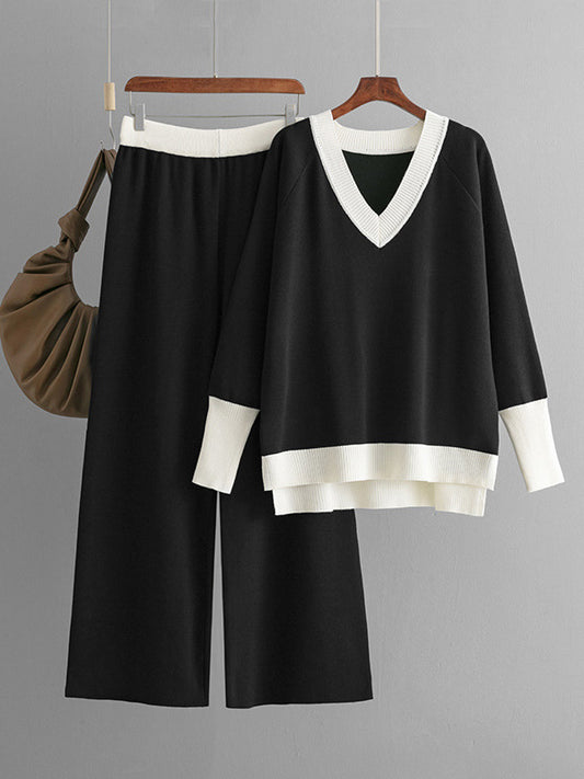 High-Low Contrast Color Split-Side V-Neck Sweater Tops + Elasticity Pants Trousers Two Pieces Set