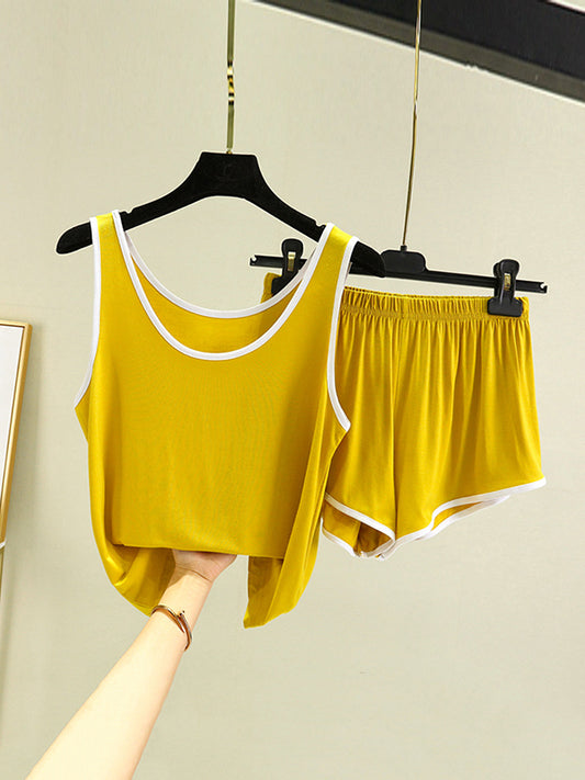 Home Wear Loose Sleeveless Contrast Color Round-Neck Vest&Shorts Pajamas Set
