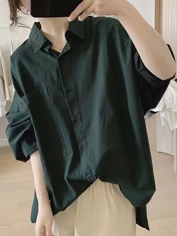 Casual Long Sleeves Loose Buttoned Solid Color Lapel Collar Blouses&Shirts Tops