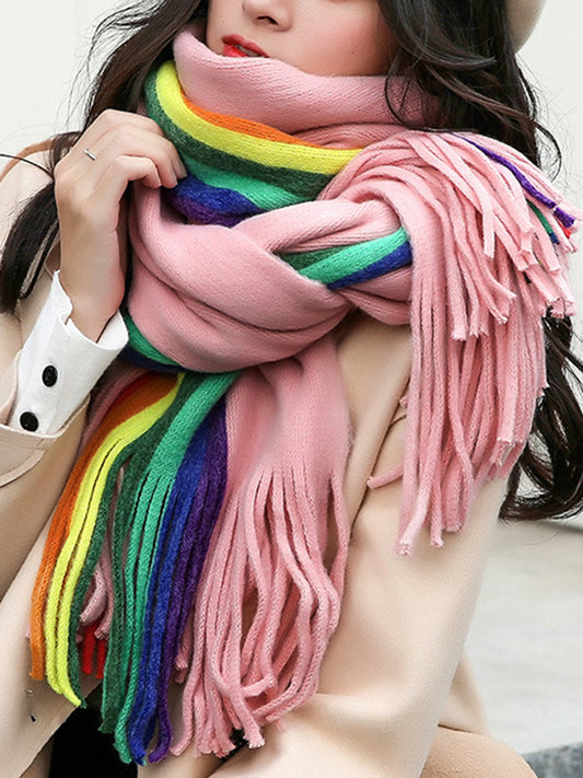 Contrast Color Keep Warm Multi-Colored Tasseled Scarf