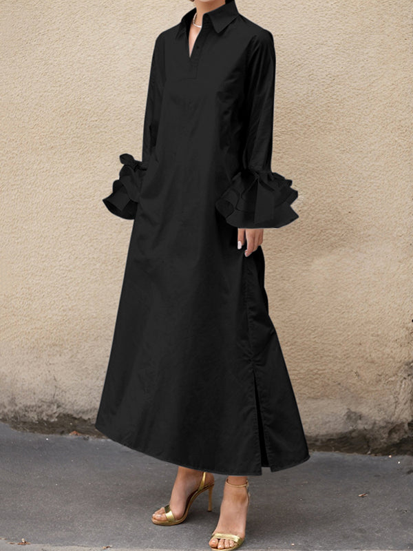 A-Line Flared Sleeves Buttoned Solid Color Split-Joint Split-Side Lapel Maxi Dresses
