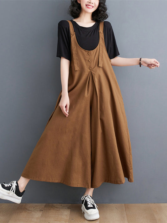 Ninth Pants Wide Leg Buttoned Solid Color Spaghetti-Neck Overalls