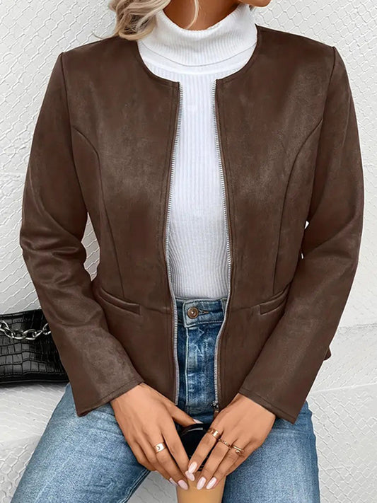 Long Sleeves Loose Pockets Solid Color Split-Joint Zipper Round-Neck Jackets Outerwear