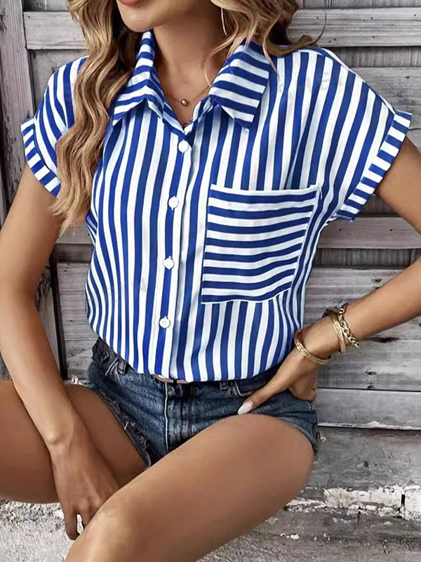 Loose Short Sleeves Contrast Color Split-Joint Striped Patterns Lapel Blouses&Shirts Tops