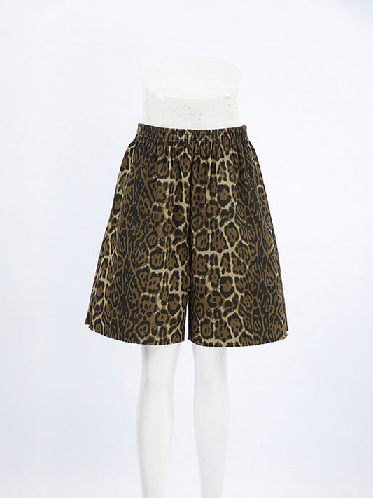High Waisted Loose Elasticity Leopard Split-Joint Shorts