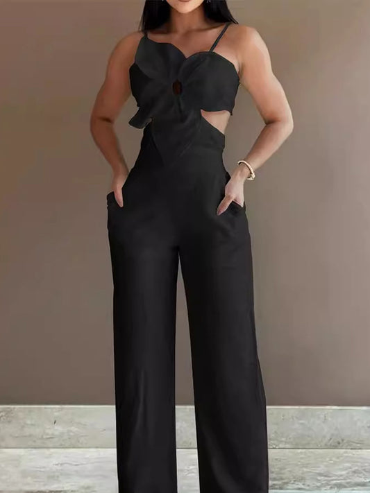 Bodycon High Waisted Elasticity Flower Shape Hollow Pockets Solid Color Tied Spaghetti-Neck Jumpsuits