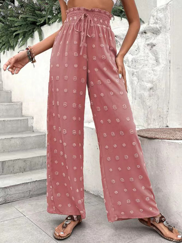 High Waisted Loose Drawstring Elasticity Jacquard Solid Color Pants Trousers