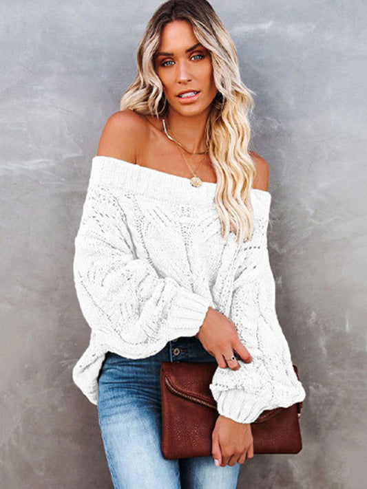 Vintage Long Sleeves Loose Solid Color Off-The-Shoulder Sweater Tops