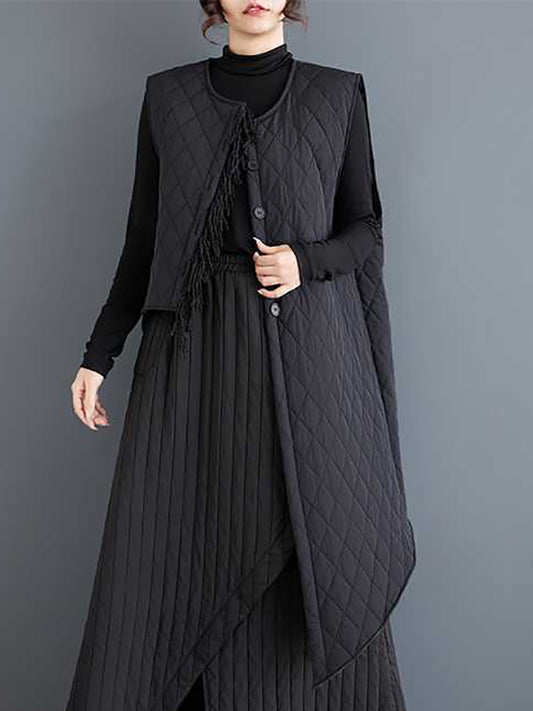 Loose Sleeveless Asymmetric Buttoned Quilted Solid Color Round-Neck Padded Vest