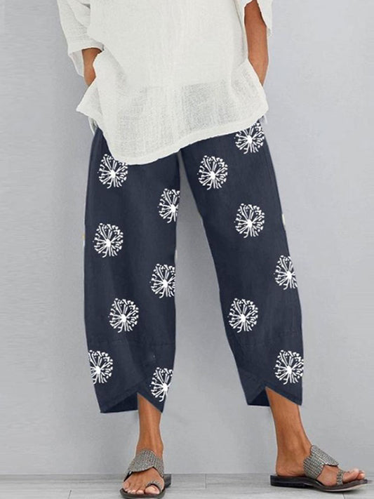 Loose Flower Print Pockets Split-Joint Pants Trousers