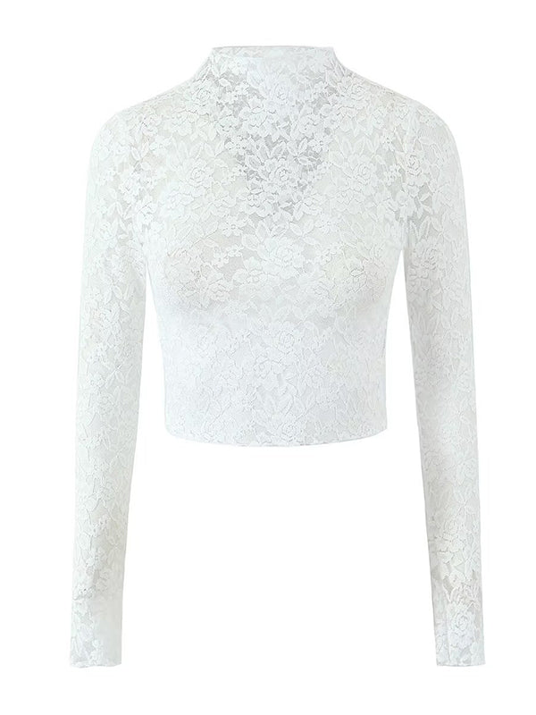 Long Sleeves See-Through Solid Color Mock Neck T-Shirts Tops + Split-Joint Asymmetric High Waisted Skirts Bottom Two Pieces Set