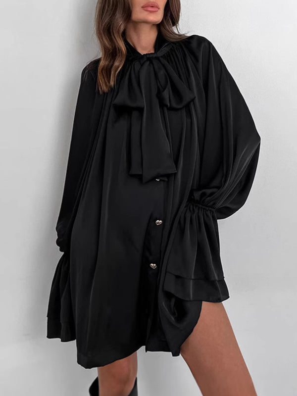 A-Line Flared Sleeves Buttoned Elasticity Pleated Solid Color Tied Zipper Stand Collar Mini Dresses