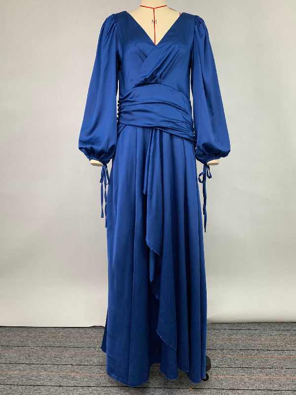 Look-Thin Pleated Solid Color V-Cut Long Sleeves Maxi Dresses