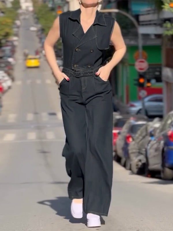 Sleeveless Buttoned Solid Color Notched Collar Jumpsuits