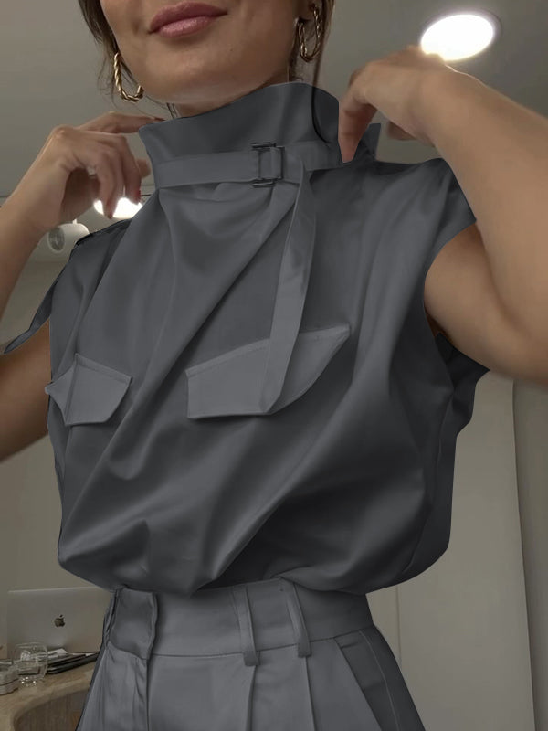 Loose Sleeveless Buckle Solid Color Stand Collar Blouses&Shirts Tops
