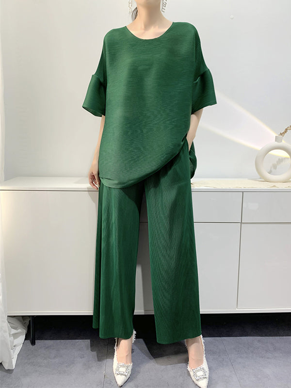 Elastics Pleated Solid Color Round-Neck T-Shirt + Wide Leg Pants Two Pieces Set