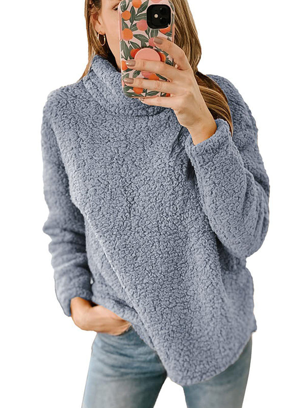 Long Sleeves Loose Solid Color Split-Joint High Neck Sweatshirt Tops