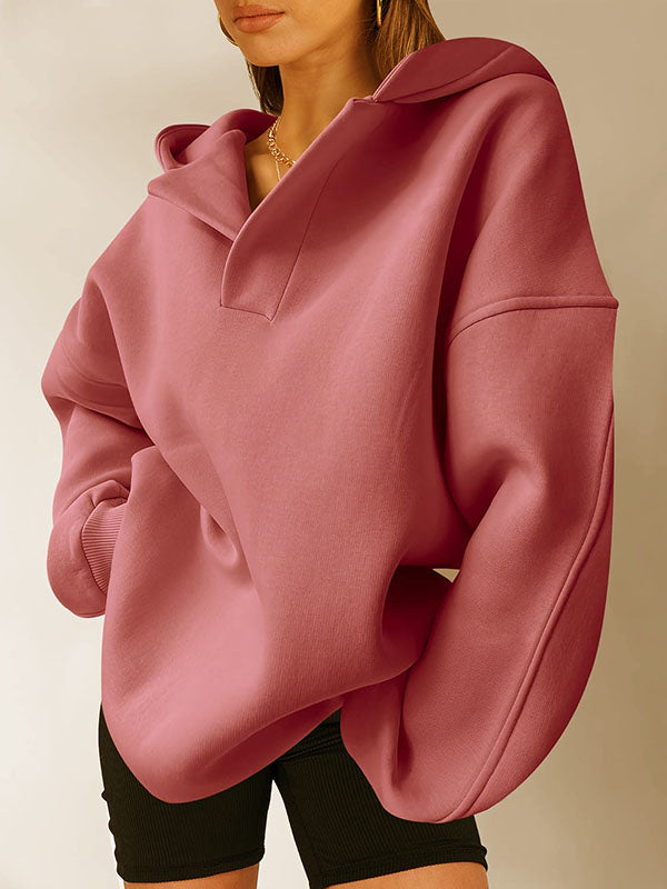 Loose Puff Sleeves Solid Color Split-Joint Hooded Hoodies Tops