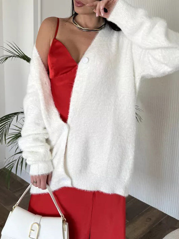 Long Sleeves Loose Buttoned Solid Color V-Neck Cardigan Tops