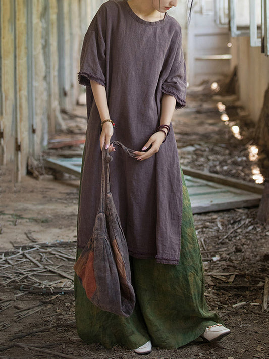 Half Sleeves High-low Fringed Solid Color Split-Joint Split-side Round-neck Midi Dresses