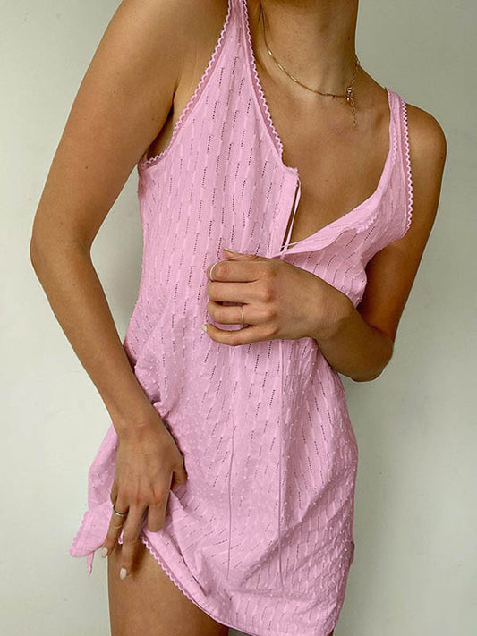 Loose Sleeveless Solid Color Split-Side Tied V-Neck Mini Dresses