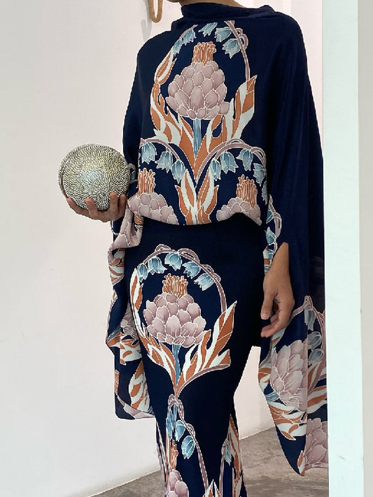 Batwing Sleeves Loose Flower Print Mock Neck Blouses&Shirts Tops