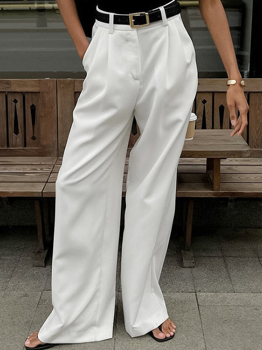 High Waisted Loose No Belt Pleated Pockets Solid Color Suit Pants Trousers