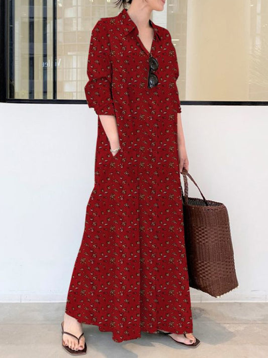 Vintage Printed Lapel Long Sleeve Shirt Maxi Dress