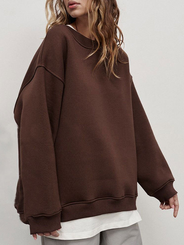 Long Sleeves Loose Solid Color Round-Neck Sweatshirt Tops
