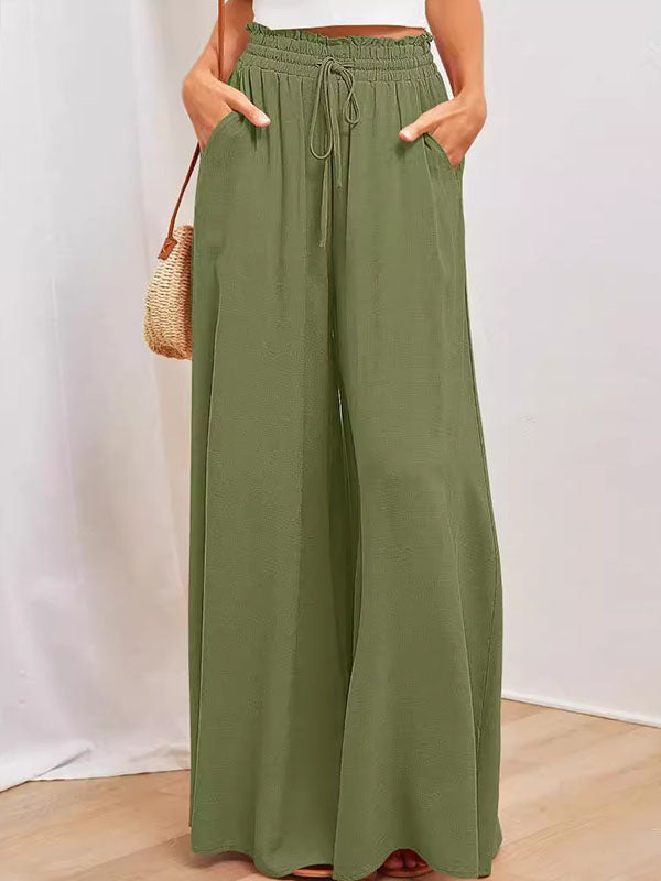 High Waisted Loose Drawstring Elasticity Pockets Solid Color Pants Trousers