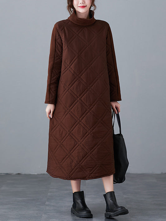 Vintage A-Line Long Sleeves Solid Color High-Neck Midi Dresses