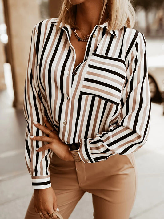 Long Sleeves Loose Buttoned Contrast Color Pockets Striped Lapel Blouses&Shirts Tops