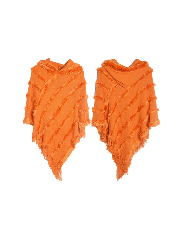 Hooded Keep Warm Solid Color Tasseled Cape Shawl&Cloak