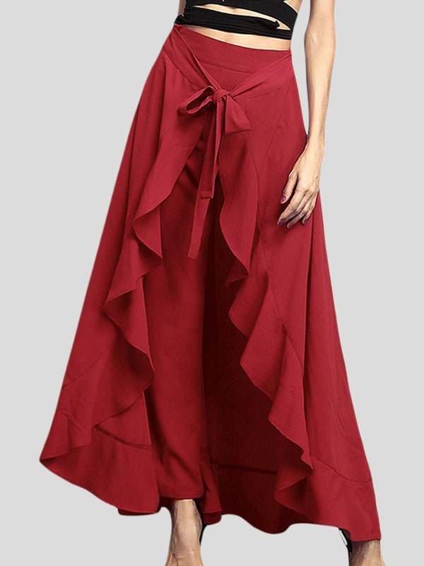 Loose Ruffle Trim Solid Color Split-Joint Tied Waist Zipper Culotte