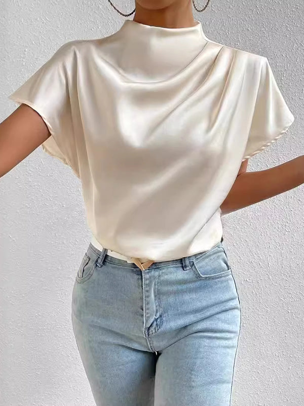 Loose Short Sleeves Pleated Solid Color Mock Neck T-Shirts Tops