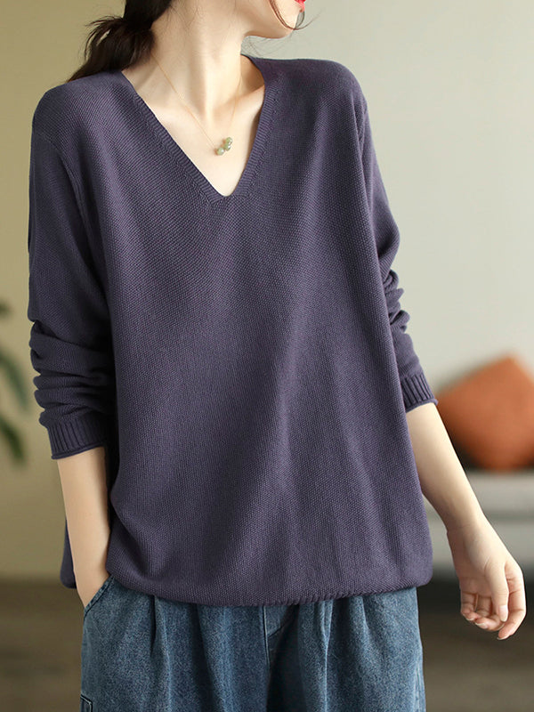 Long Sleeves Loose Solid Color V-Neck Sweater Tops