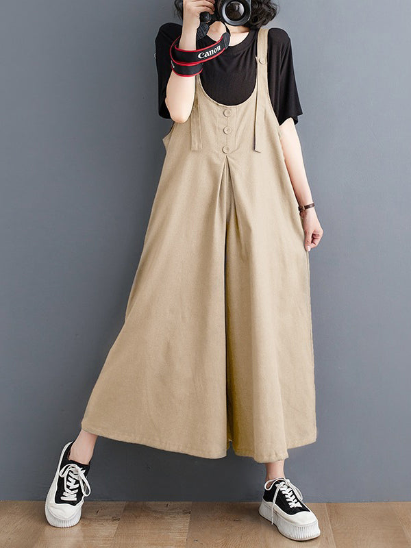 Ninth Pants Wide Leg Buttoned Solid Color Spaghetti-Neck Overalls