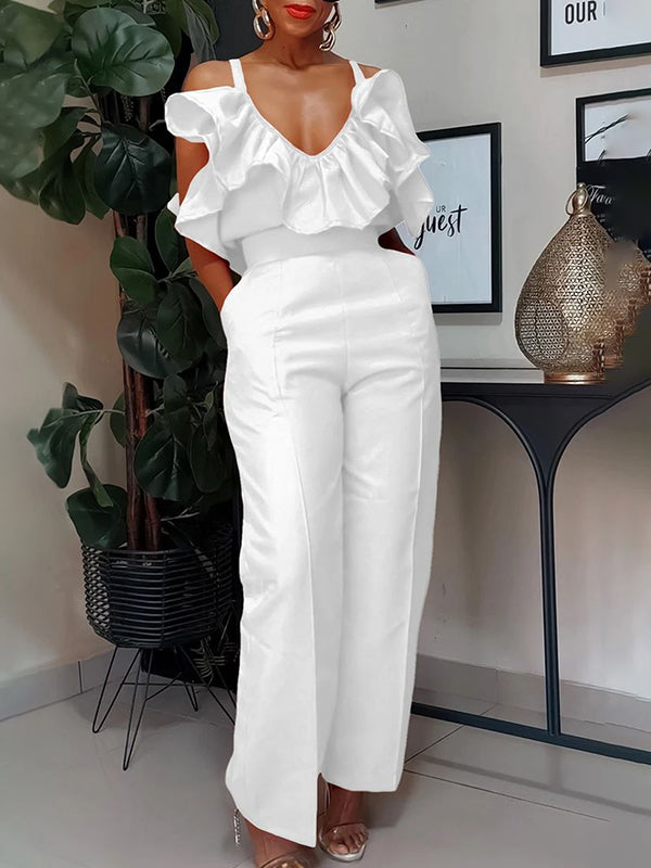 High Waisted Sleeveless Pleated Pockets Ruffled Solid Color Spaghetti-Neck Jumpsuits