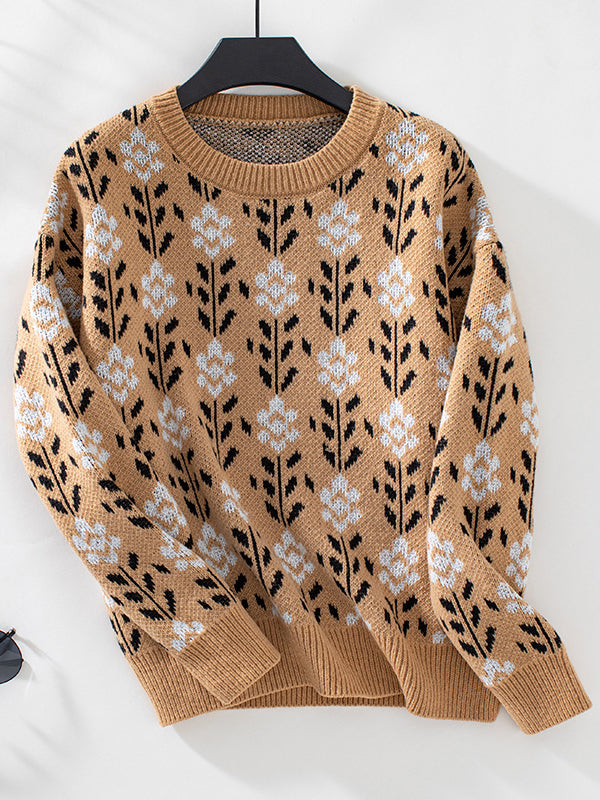 Long Sleeves Loose Knitted Flower Split-Joint Round-Neck Pullovers Sweater Tops