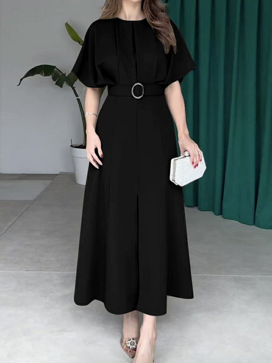 Loose Raglan Sleeve Pleated Split-Front Split-Joint Tied Waist Round-Neck Maxi Dresses