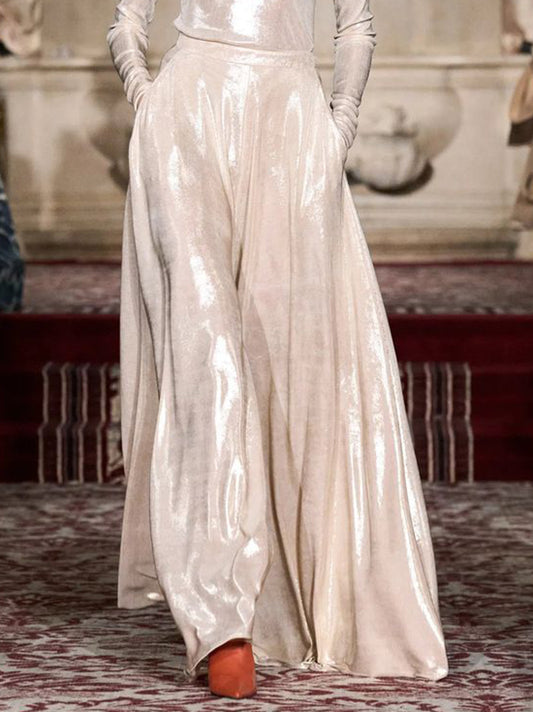 High Waisted Loose Pockets Shiny Solid Color Pants Trousers