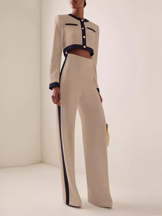 Long Sleeves Buttoned Split-Joint Round-Neck Blouses&Shirts Tops + High Waisted Pants Bottom Two Pieces Set