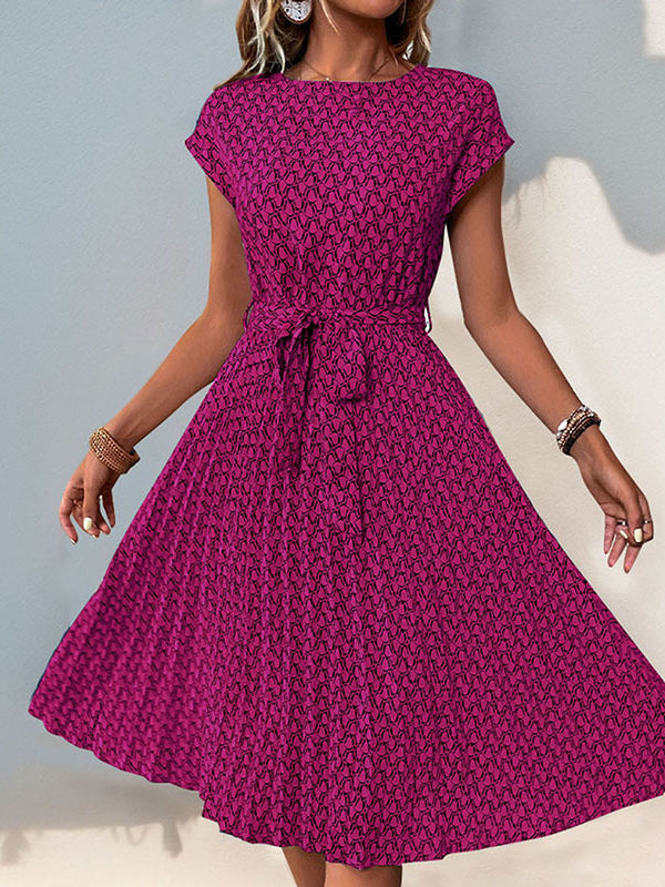 Loose Raglan Sleeve Printed Tied Waist Round-Neck Midi Dresses