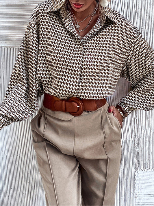 Long Sleeves Loose Buttoned Pleated Printed Lapel Blouses&Shirts Tops
